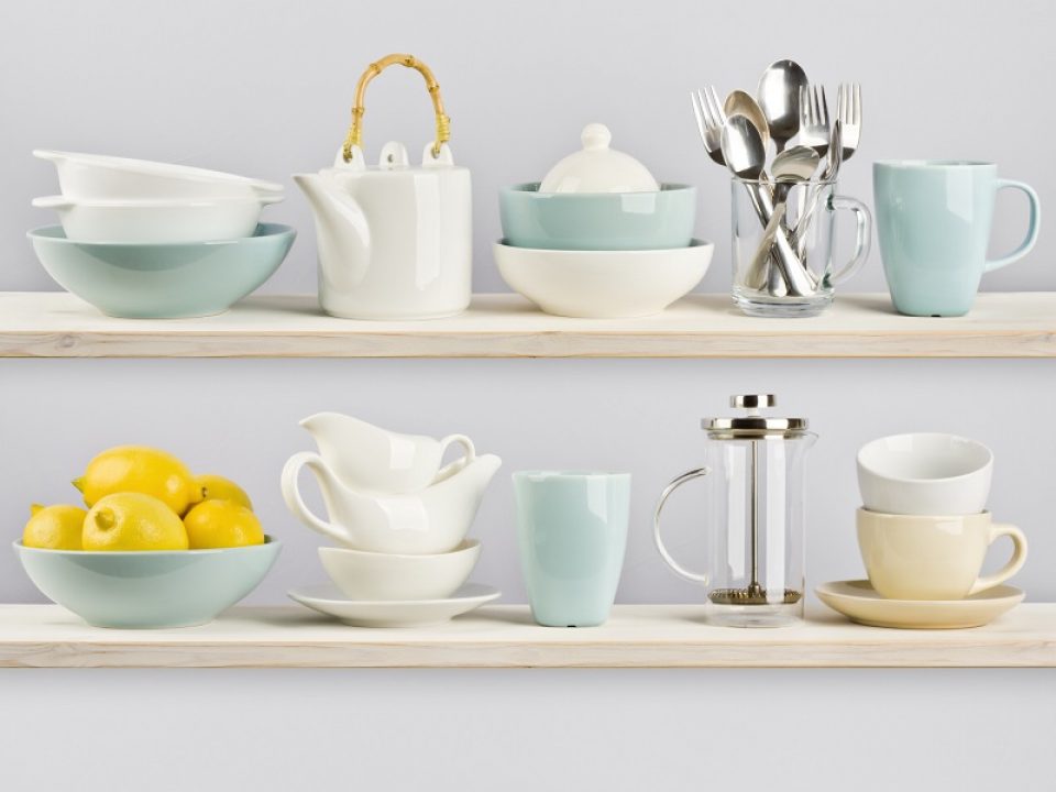 kitchen shelf with tea pot and other dishes