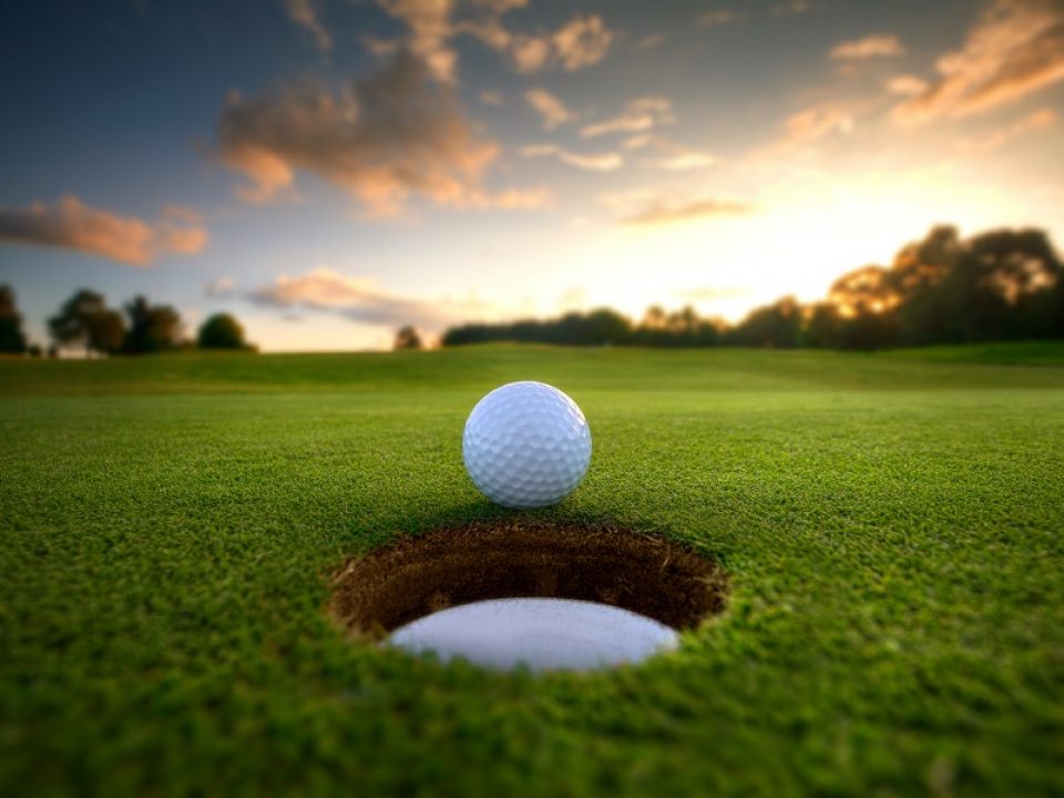 golf ball beside hole on course