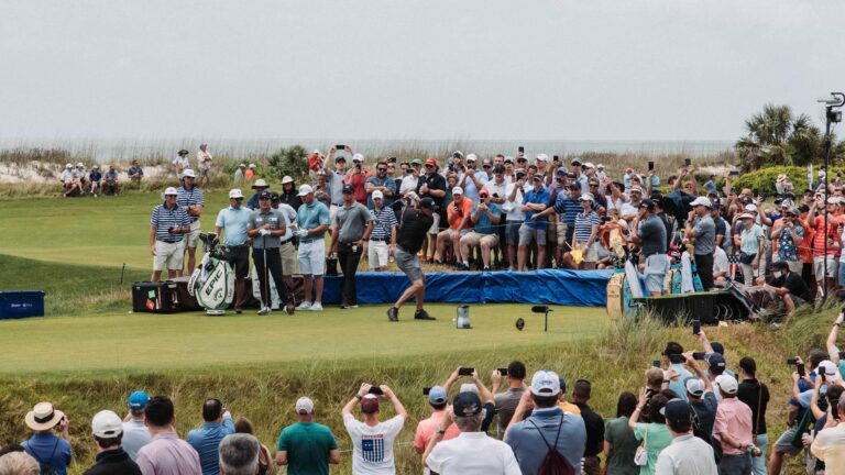 Spectators gathered around a green at a professional golf tournament